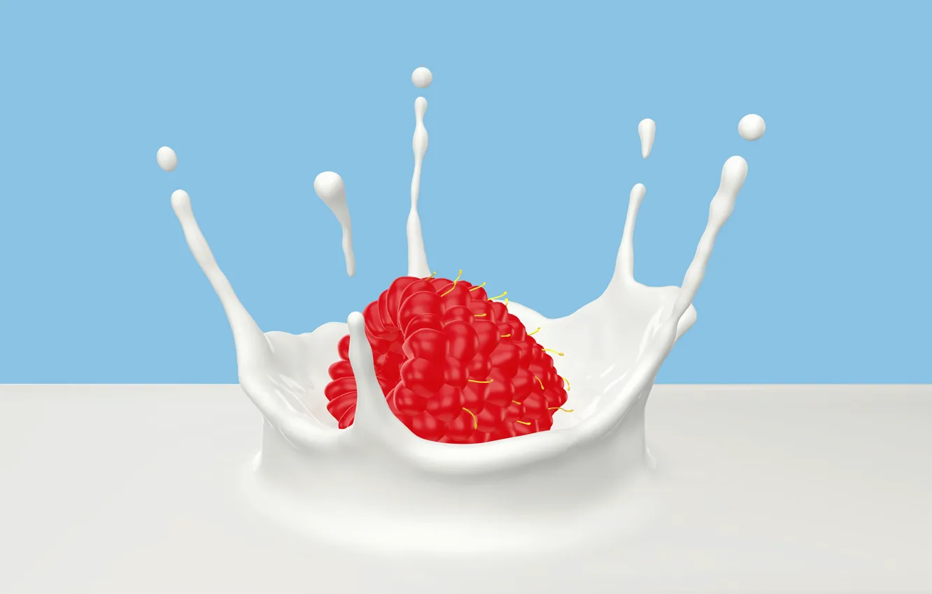 Фото обои ягоды, малина, всплеск, молоко