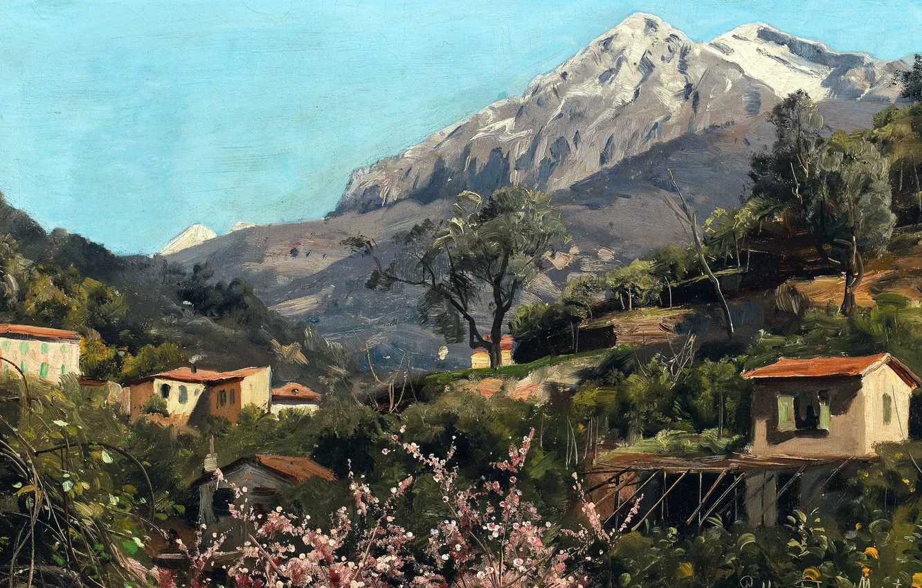 Фото обои Дома, Деревья, Гора, Картина, Peder Mork Monsted, Датский живописец, Педер Морк Монстед, На Лазурном Берегу …