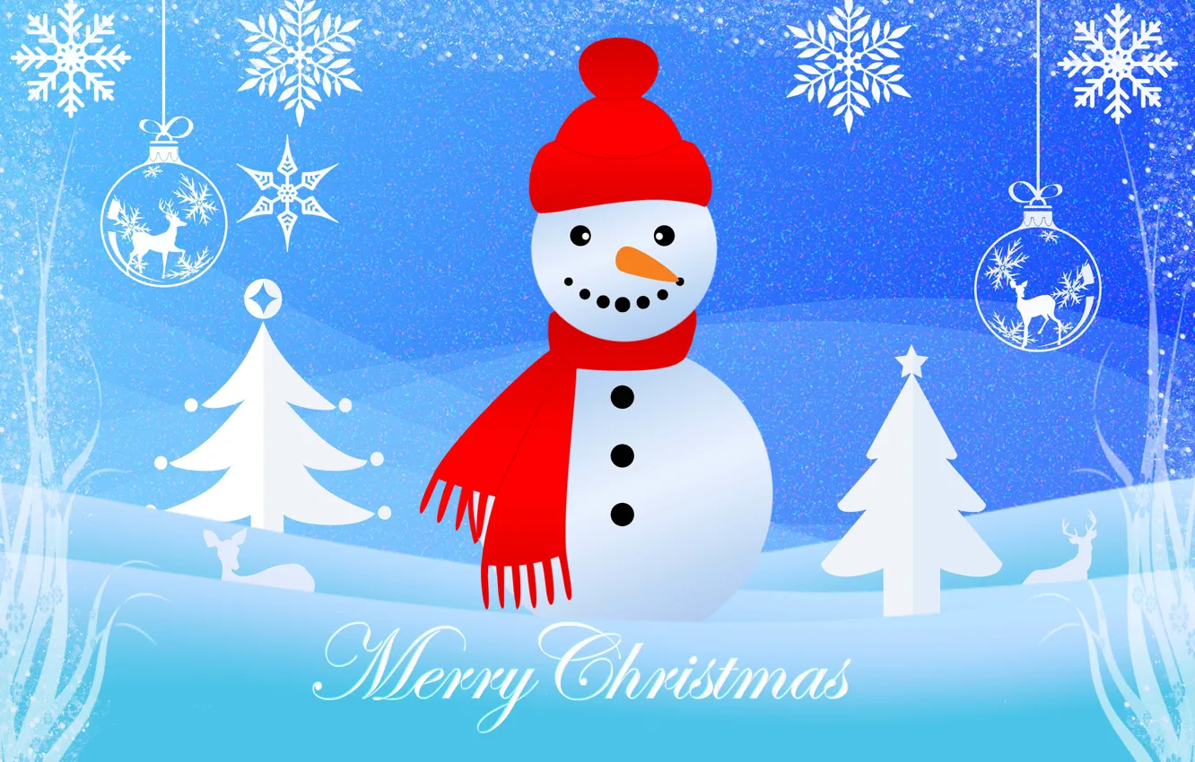 Фото обои шарики, праздник, графика, Рождество, Новый год, снеговик, ёлочные игрушки, новогодние декорации