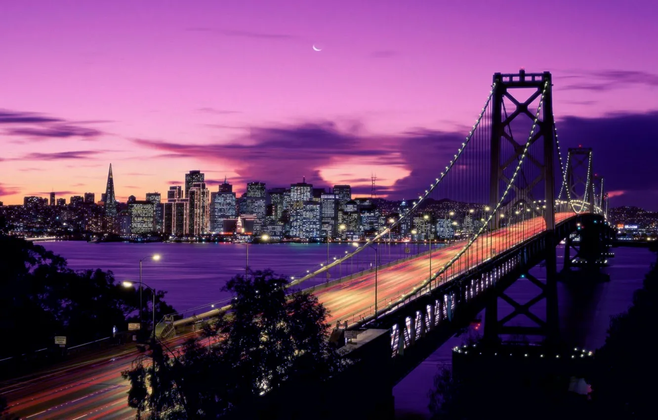 Фото обои Закат, Луна, San-Francisco, Oakland_Bay_Bridge, Иллюминация