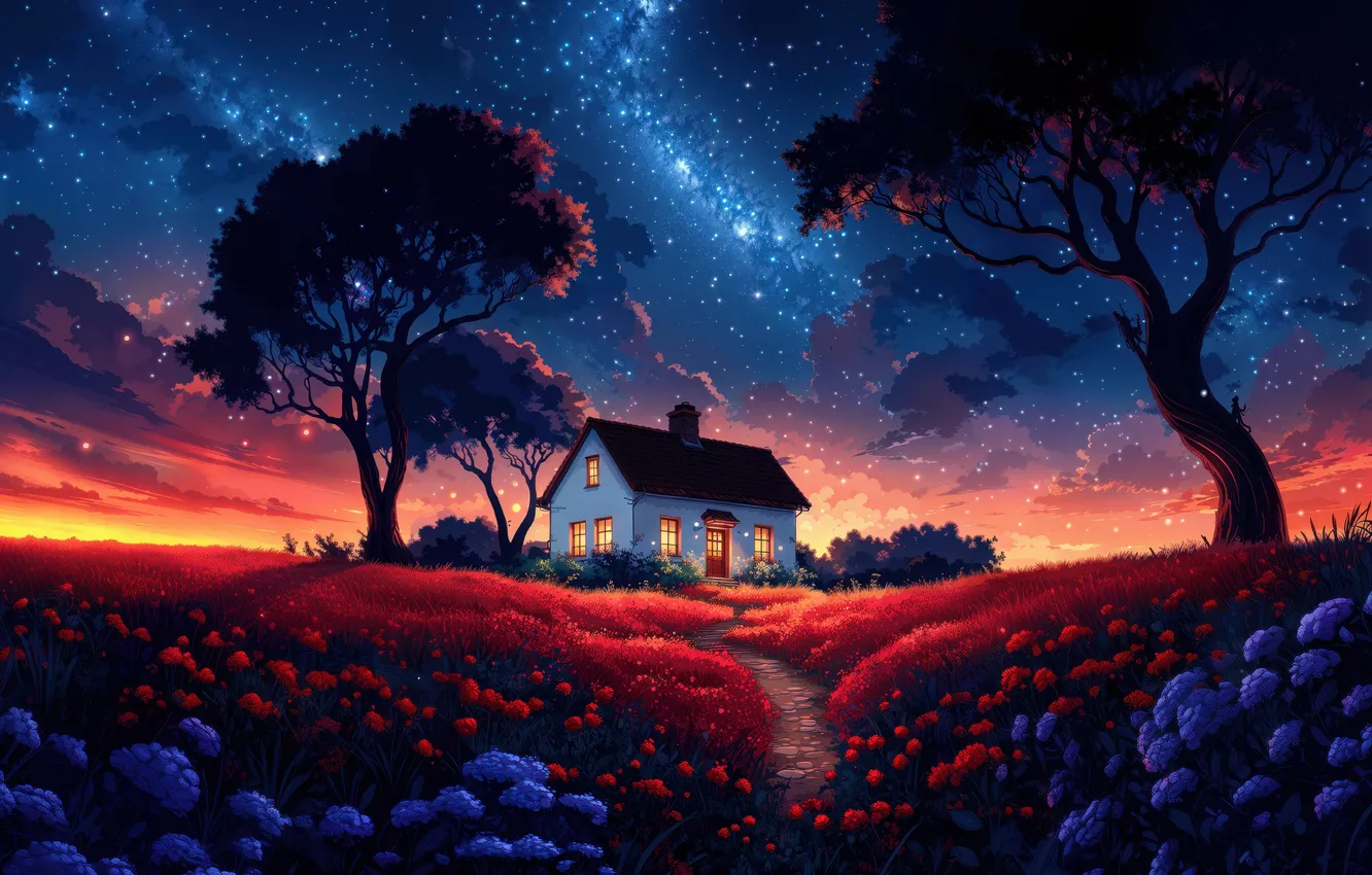 Фото обои House, Nature, Landscape, Night, Milky Way, Scenery, Surreal, Aesthetic