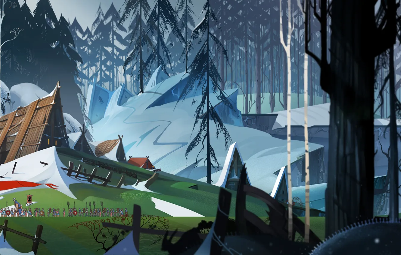 Фото обои лед, лес, снег, дом, люди, водопад, деревня, флаг