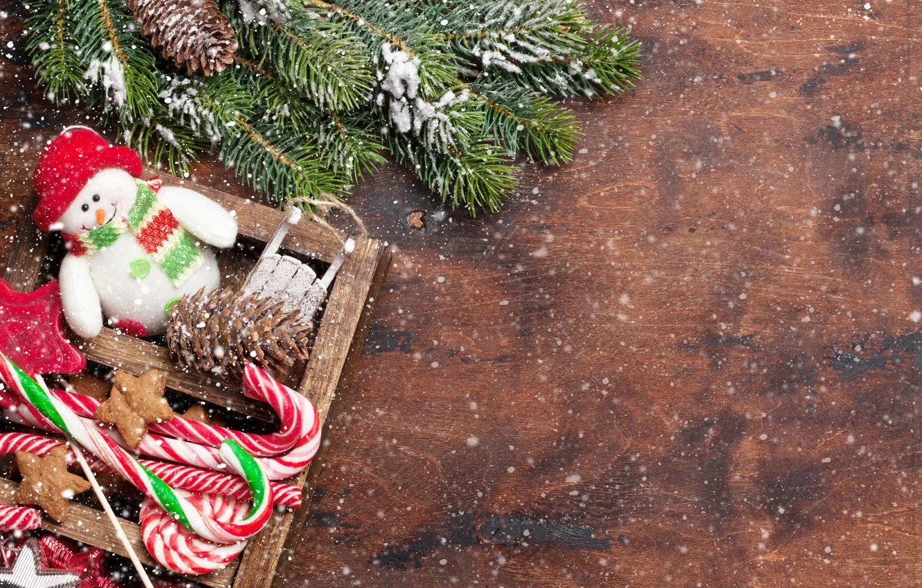 Фото обои снег, украшения, елка, Рождество, подарки, Новый год, Christmas, wood