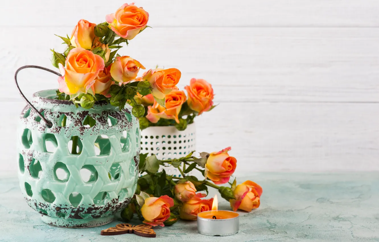 Фото обои розы, букет, свечи, ваза, оранжевые, декор, IRINA BORT