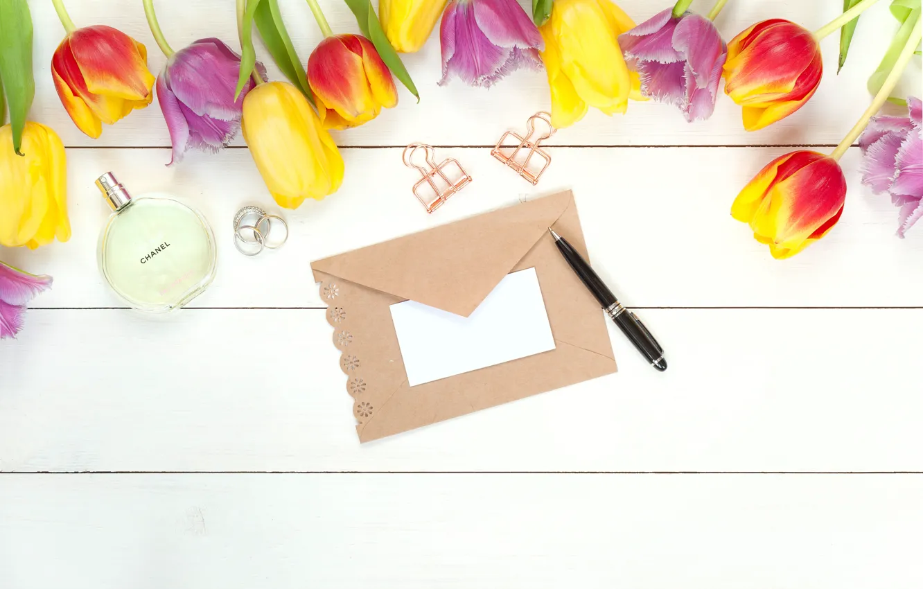 Фото обои письмо, цветы, весна, духи, colorful, ручка, тюльпаны, fresh