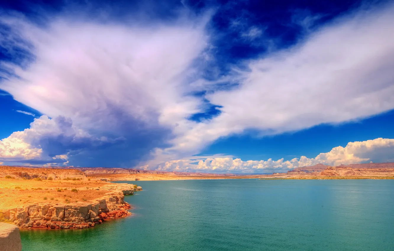 Фото обои озеро, берег, пустыня, каньон, Юта, Америка