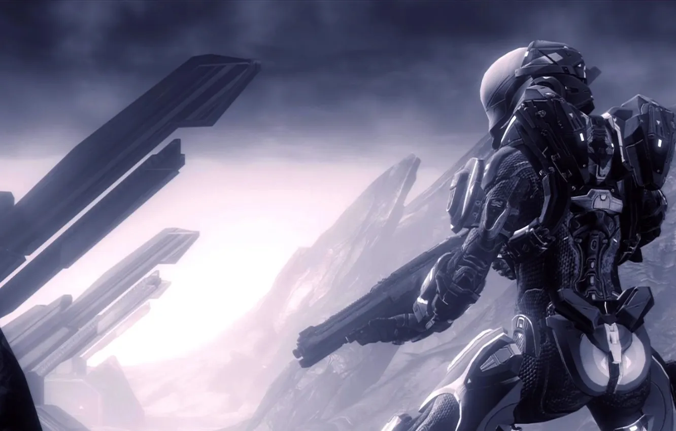 Фото обои металл, оружие, скалы, скафандр, Halo 4