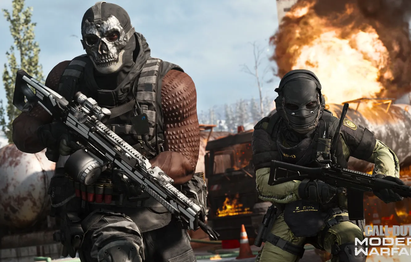Фото обои оружие, огонь, череп, взрывы, маска, солдаты, Call of Duty, бегут
