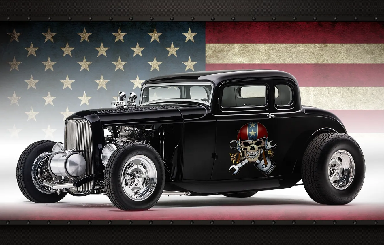 Фото обои car, Ford, skull, star, smoke, usa, american, flag