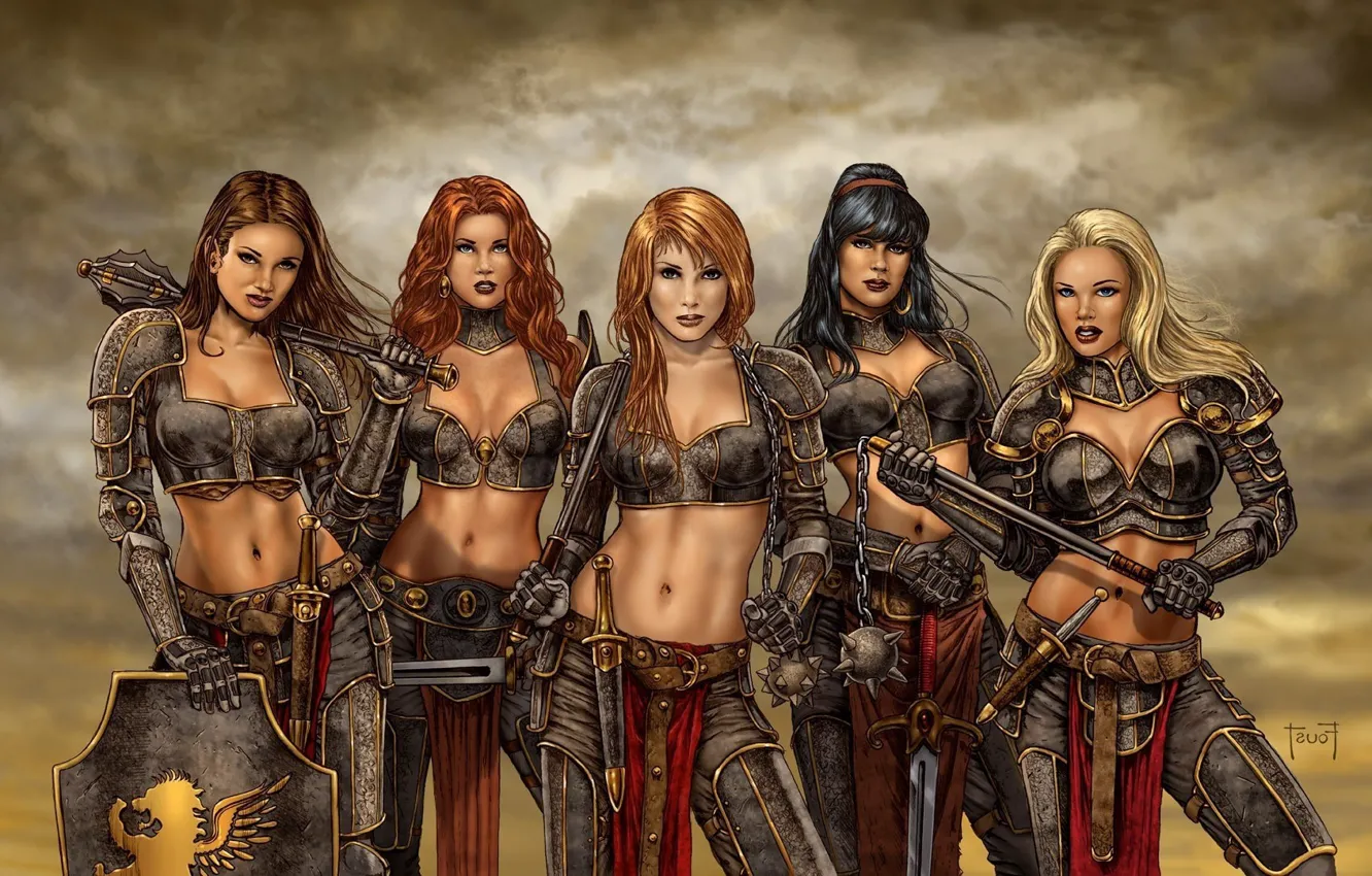 Фото обои red, girl, red hair, weapon, redhead, brunette, blonde, shield