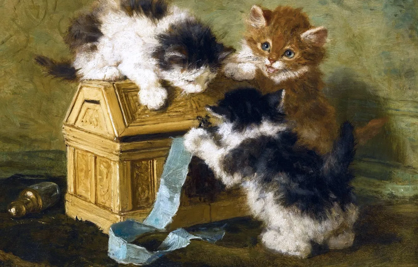 Фото обои Котята, Картина, Трое, Генриетта Роннер-Книп, Henriette Ronner-Knip, Бельгийская художница, Три котенка с шкатулкой и голубой …