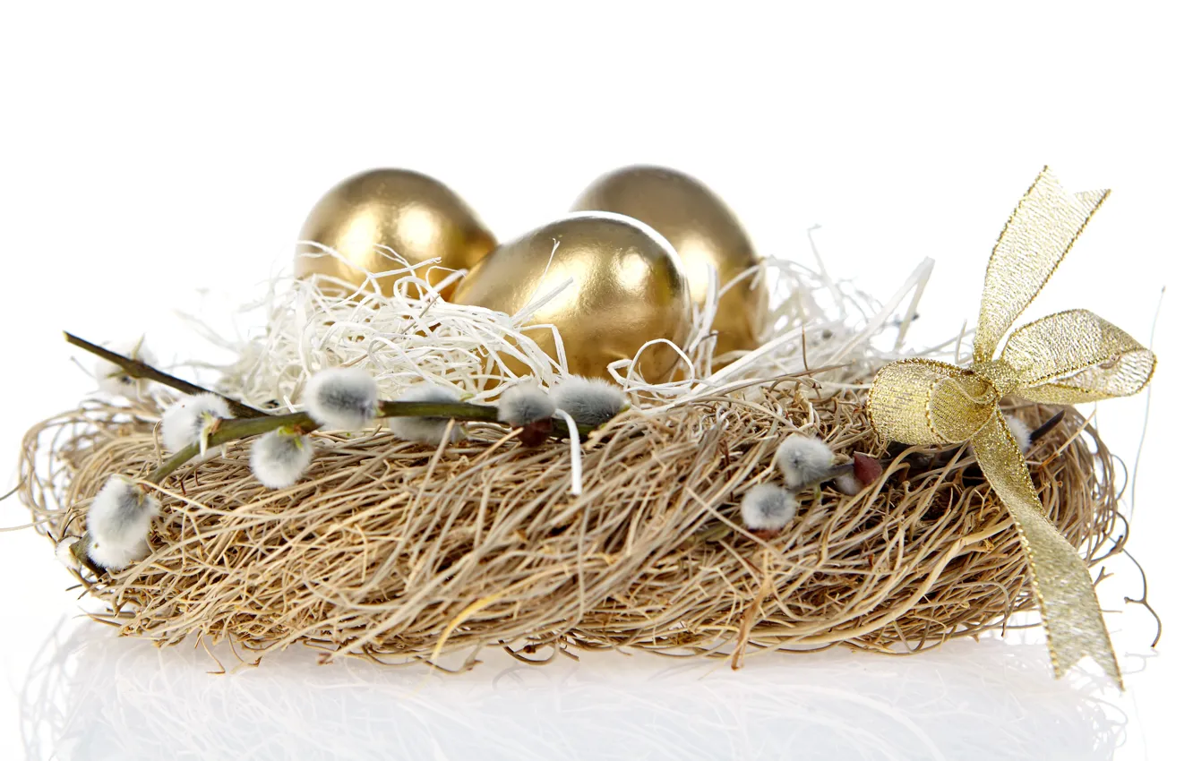 Фото обои праздник, пасха, гнездо, бантик, золотые яички