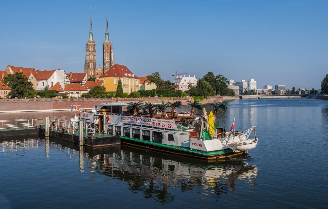 Фото обои река, здания, Польша, суда, Вроцлав