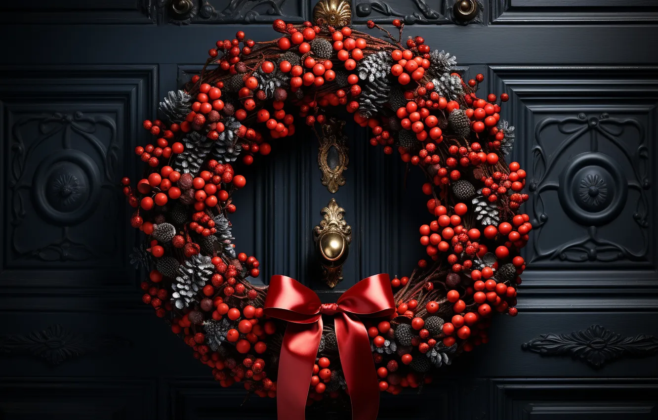 Фото обои украшения, Рождество, Новый год, red, Christmas, венок, decoration, wreath