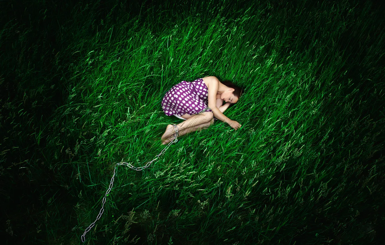 Фото обои трава, девушка, сон, цепь, шатенка