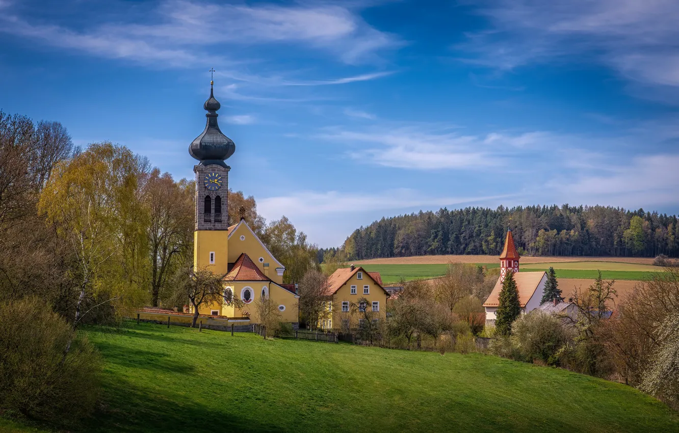 Фото обои пейзаж, природа, дома, весна, Германия, Бавария, леса, церкви