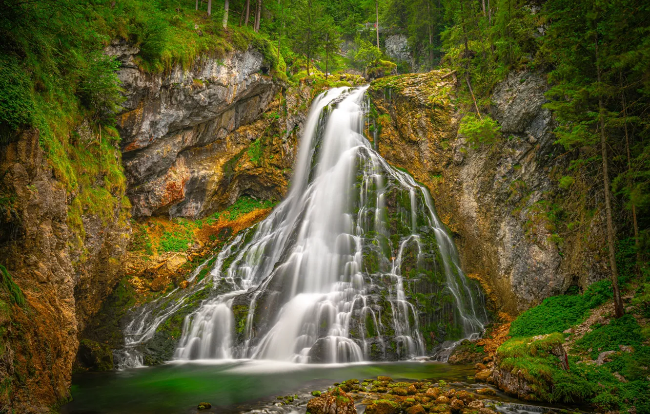 Фото обои лес, скала, река, водопад, Австрия, каскад, Austria, Salzburg