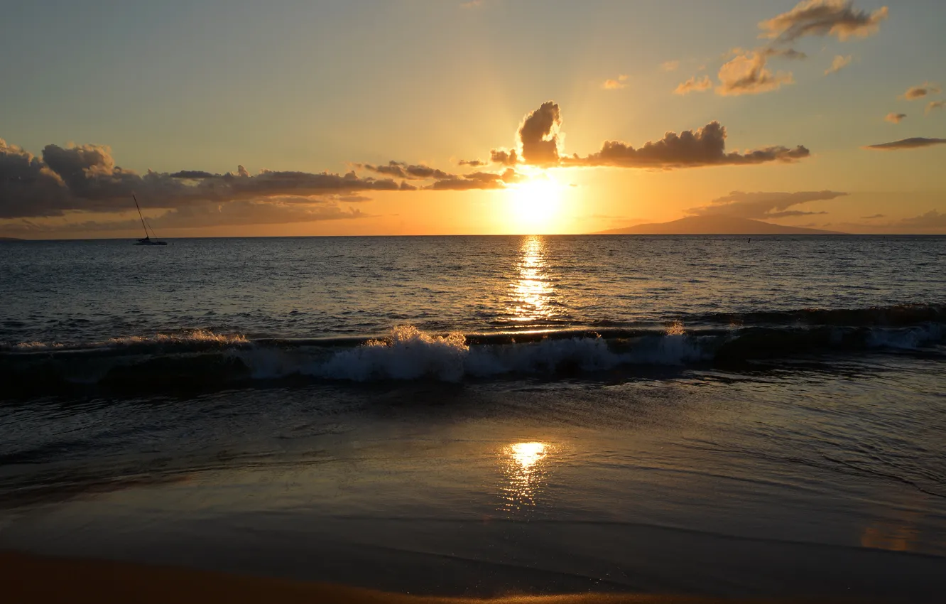 Фото обои море, небо, закат, природа, фото, рассвет, горизонт, Гавайи