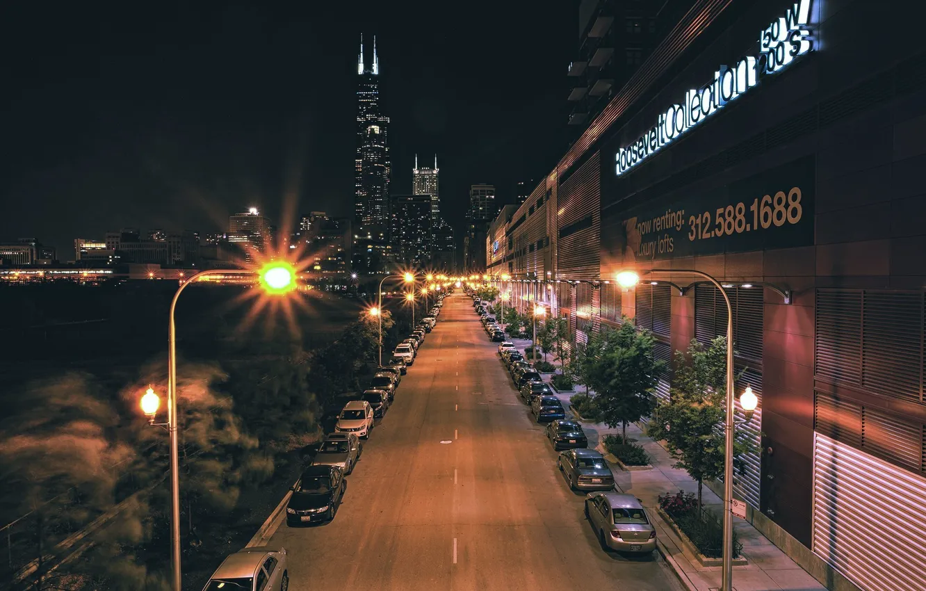 Фото обои дорога, ночь, огни, небоскребы, фонари, USA, чикаго, Chicago