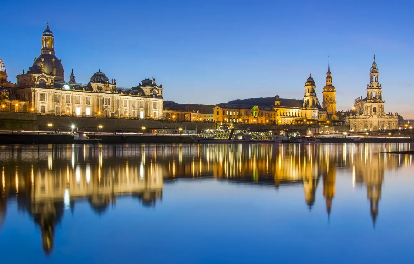 Фото обои огни, река, Германия, Дрезден, панорама