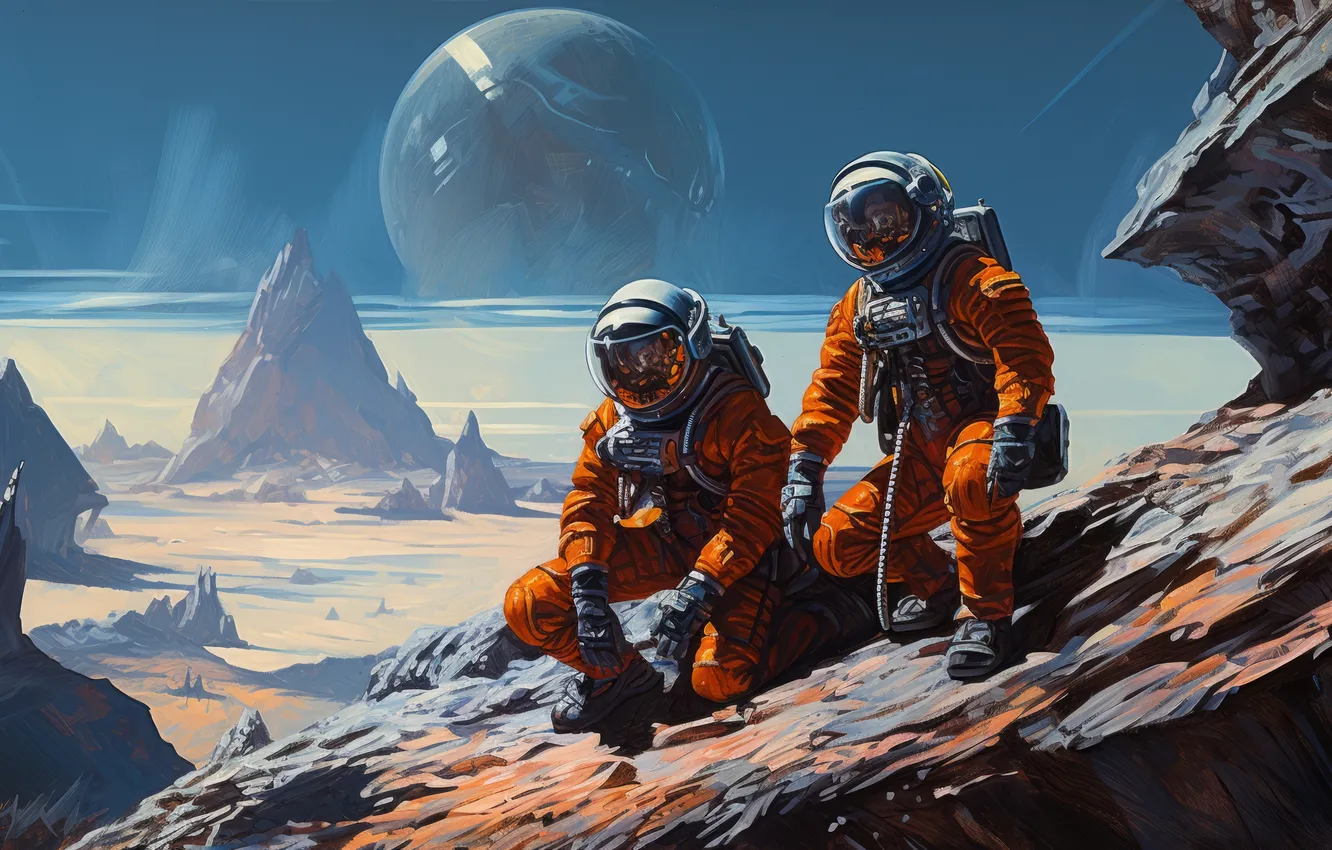 Фото обои science fiction, orange, digital art, illustration, astronaut, retro style, spacesuit, 1950s