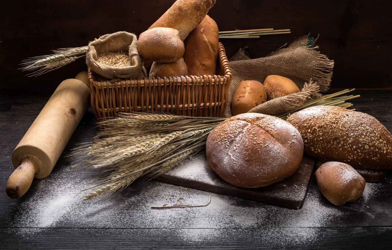 Фото обои food, wheat, basket, flour, rolling pin, Bread
