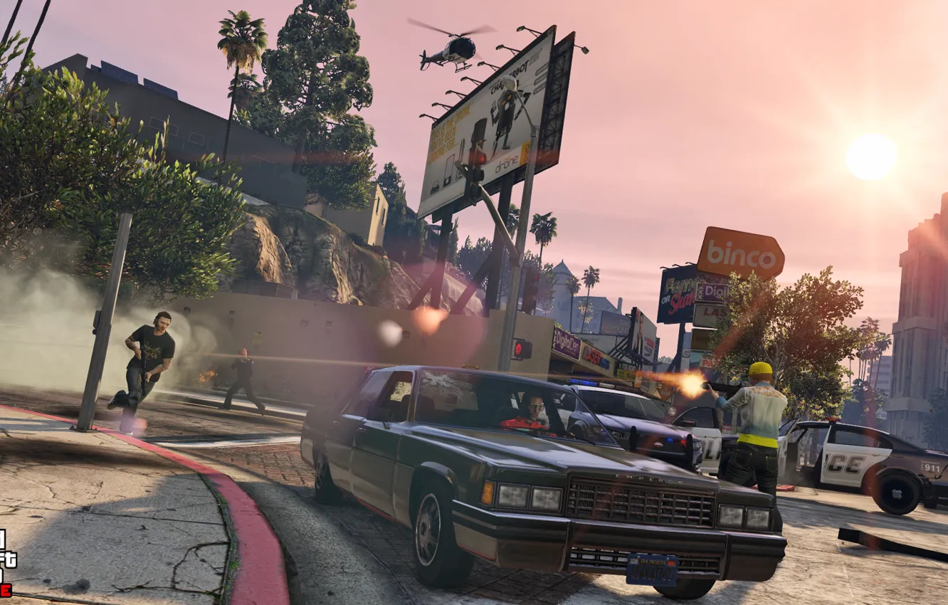 Фото обои машины, полиция, вертолет, перестрелка, Grand Theft Auto V, gta 5, gta online