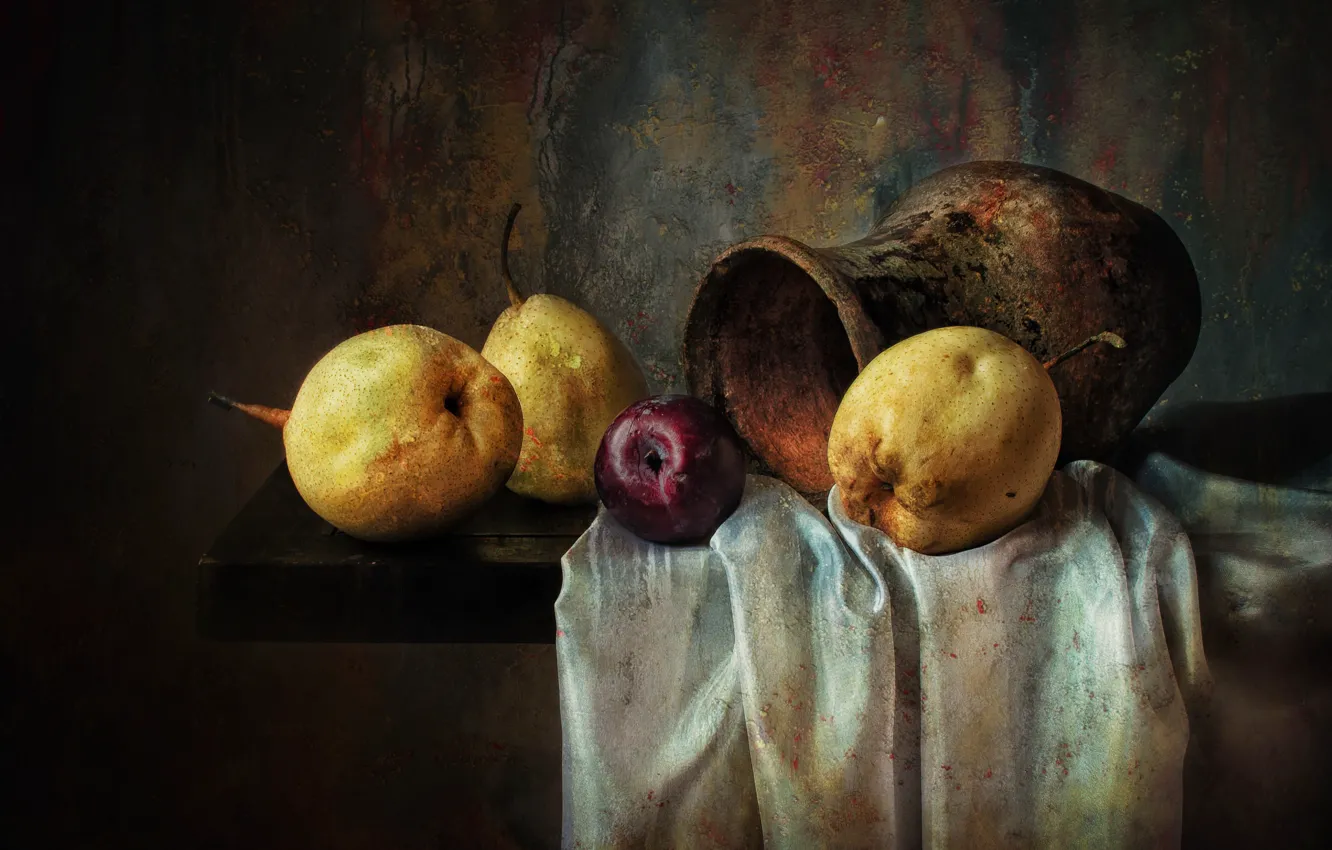 Фото обои стена, яблоки, яблоко, текстура, кувшин, фрукты, груши
