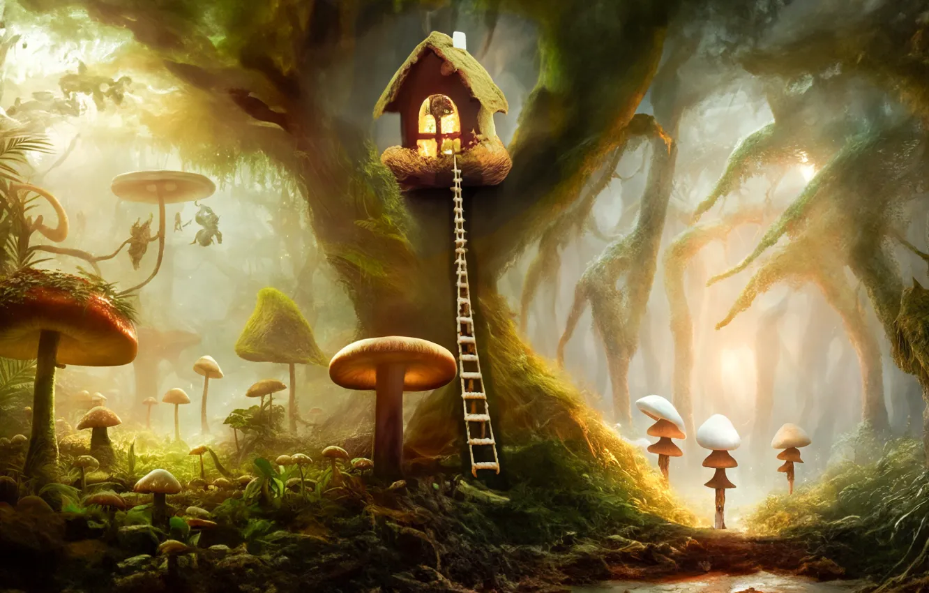 Фото обои house, grass, forest, magic, art, mushroom, lighting, biome