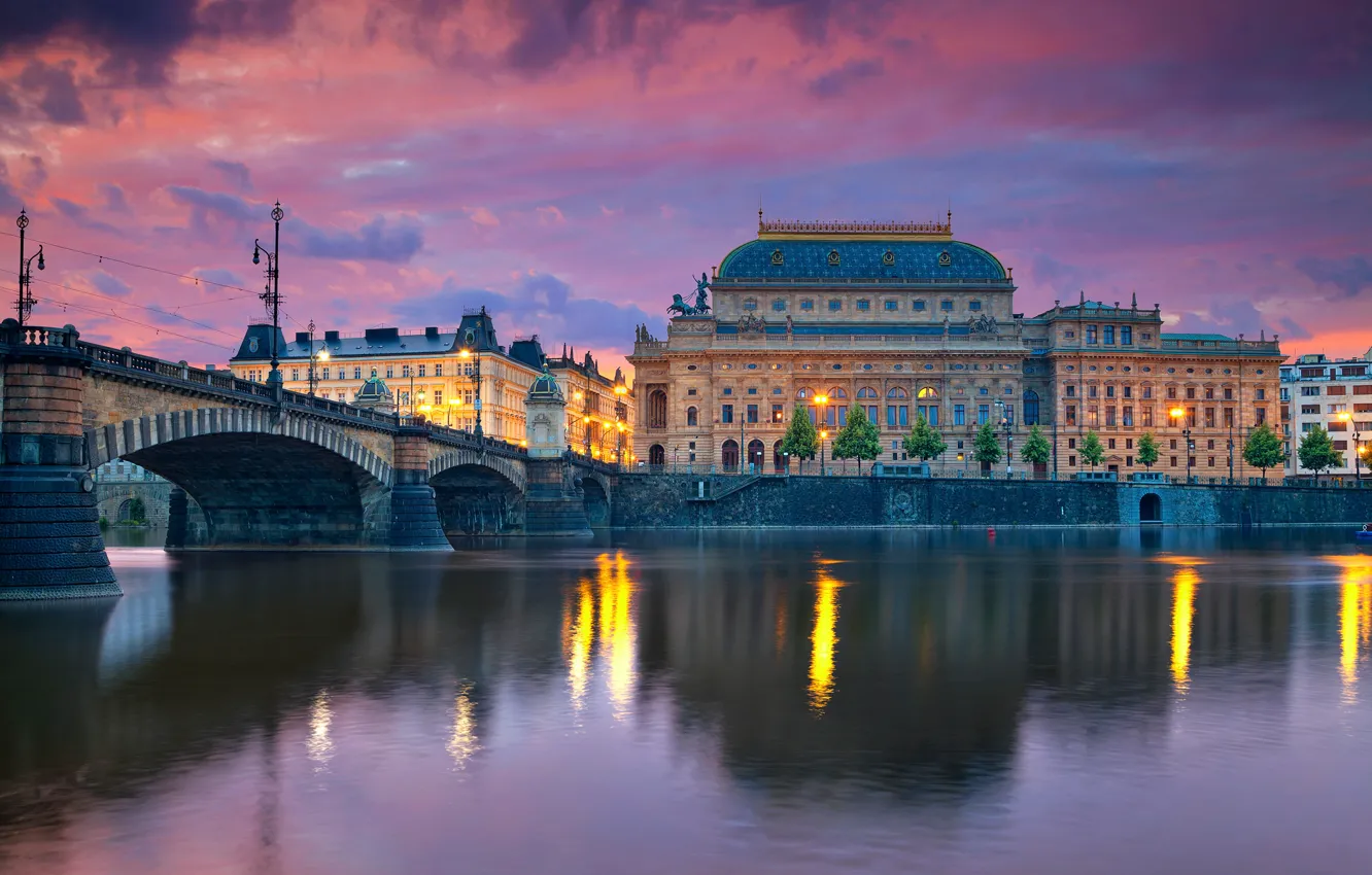 Фото обои мост, река, дома, вечер, Прага, Чехия