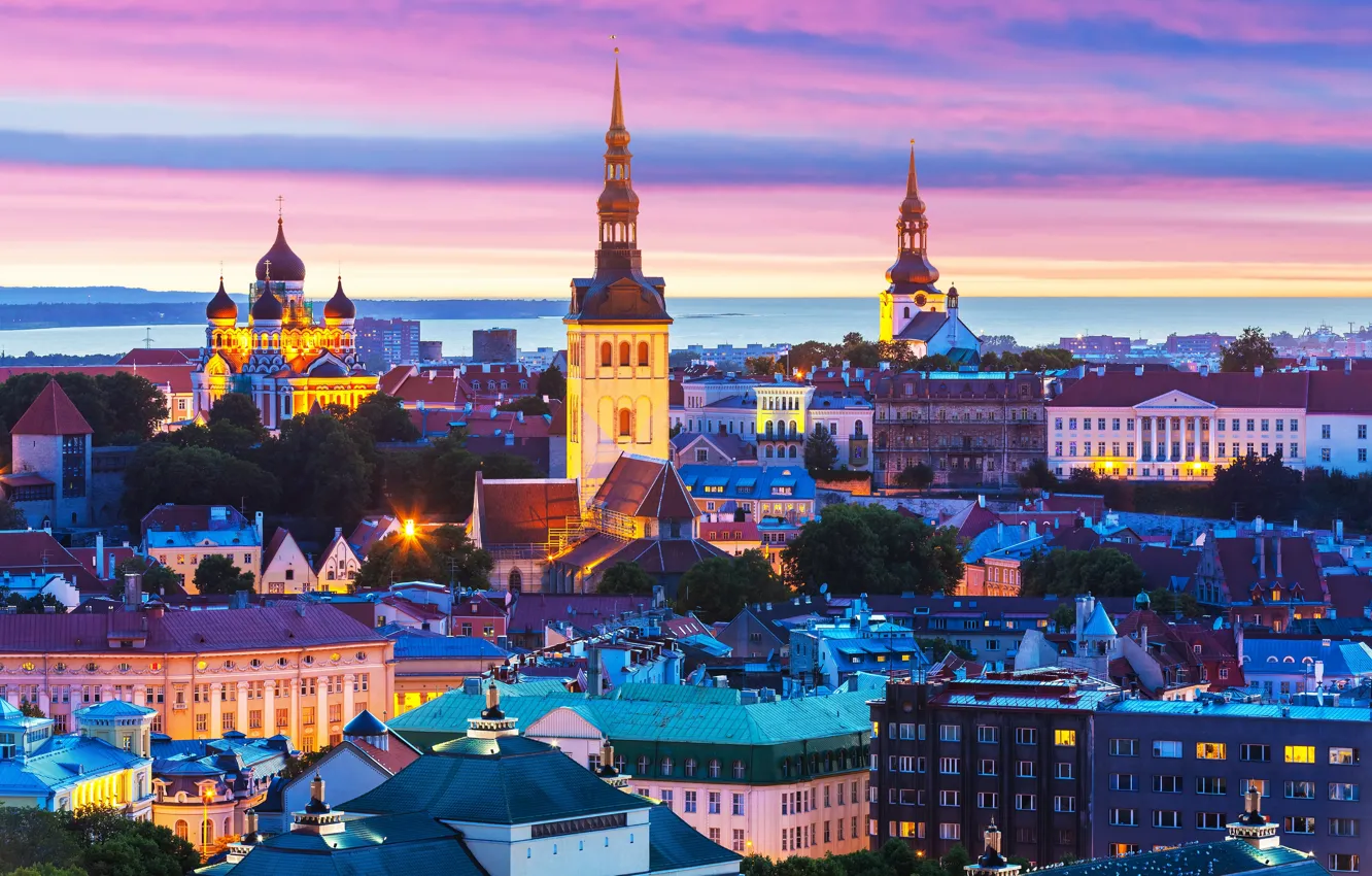 Фото обои здания, Эстония, Таллин, панорама, ночной город, Tallinn, Estonia