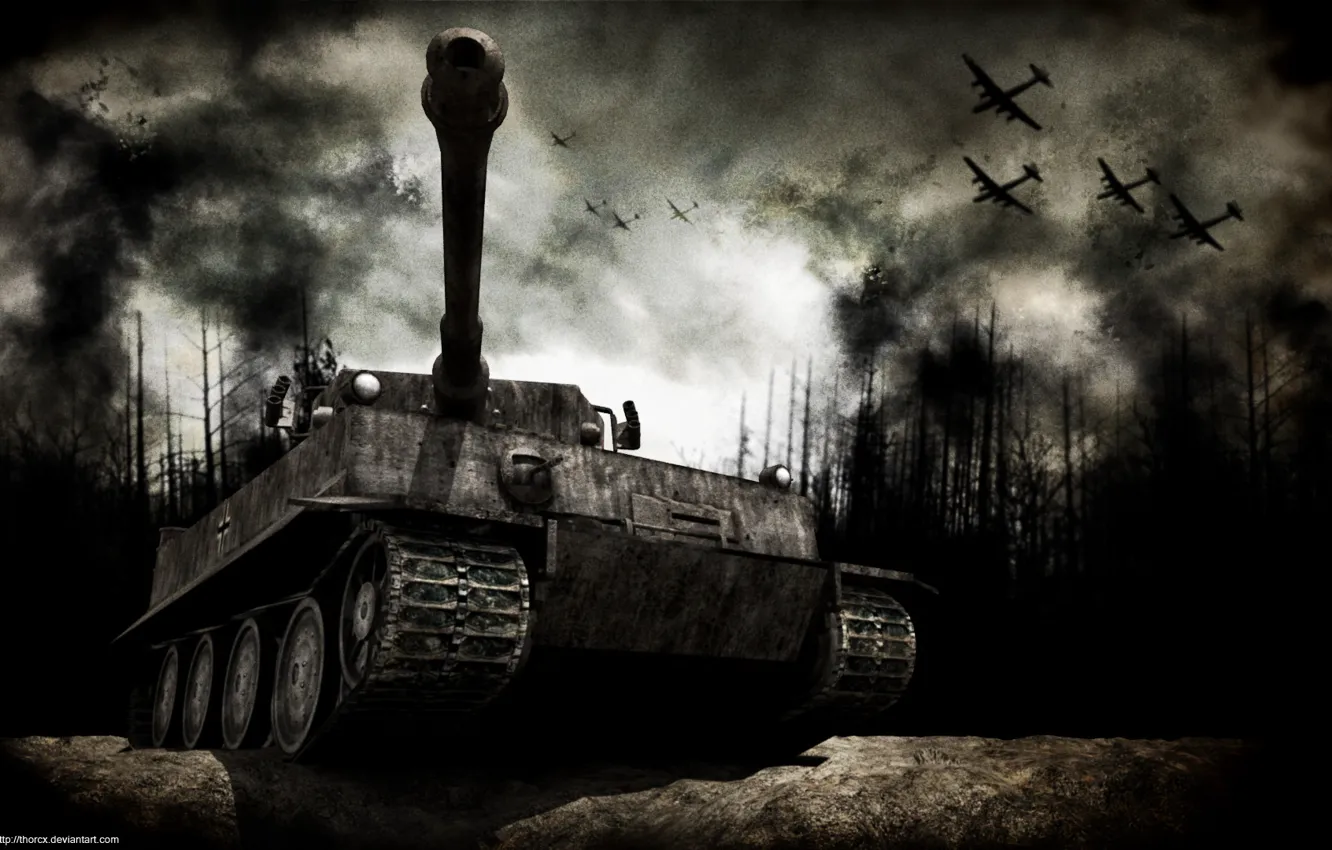 Фото обои лес, война, самолеты, танк, гарь