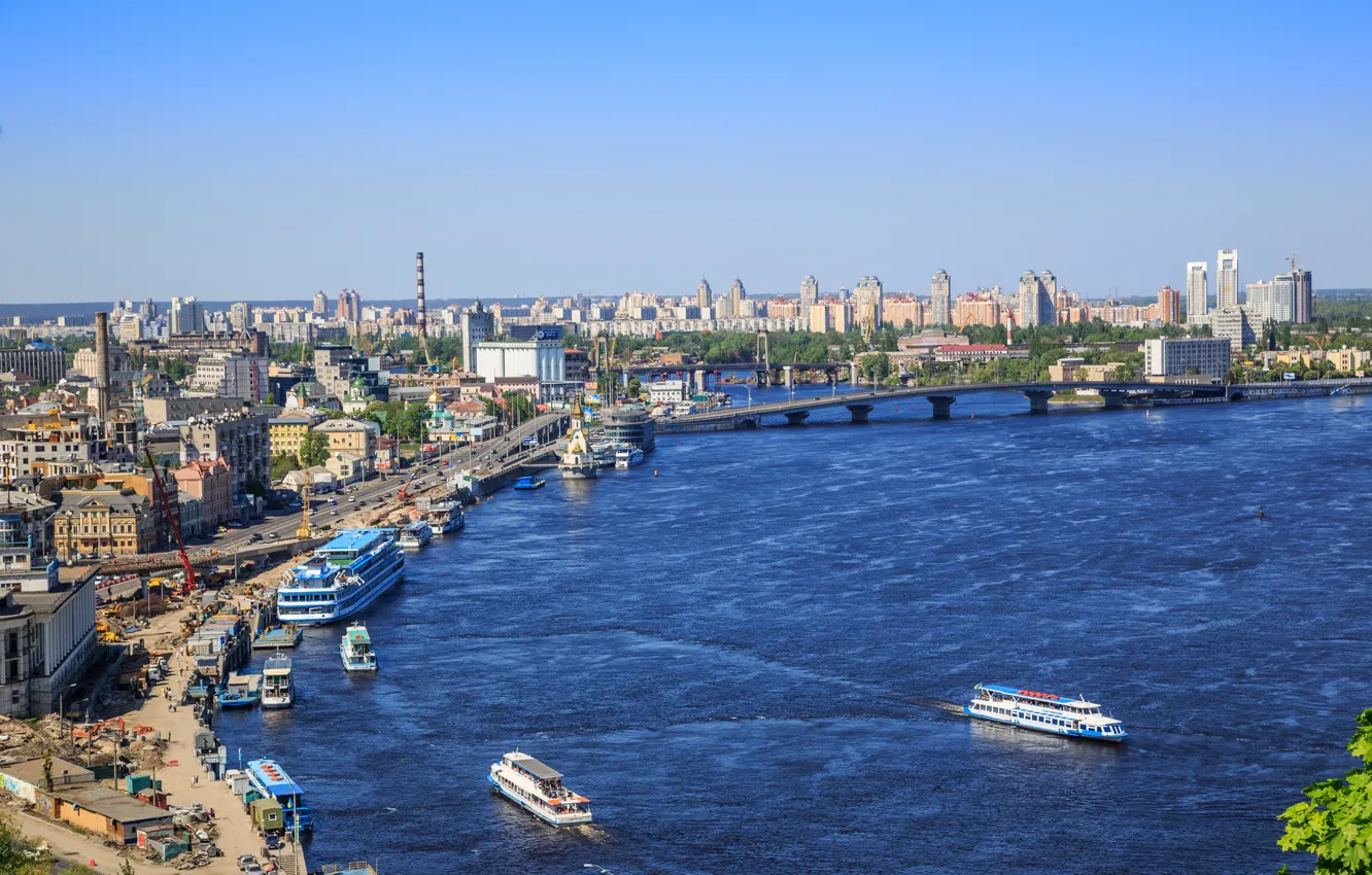 Фото обои мост, река, дома, Украина, Киев