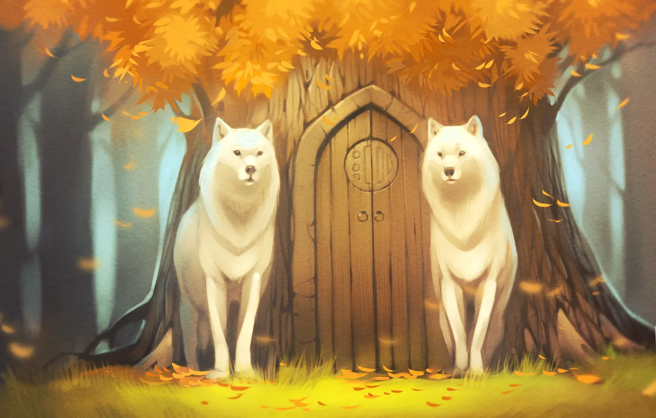 Фото обои лес, дерево, волк, дверь, арт, древо, белые волки