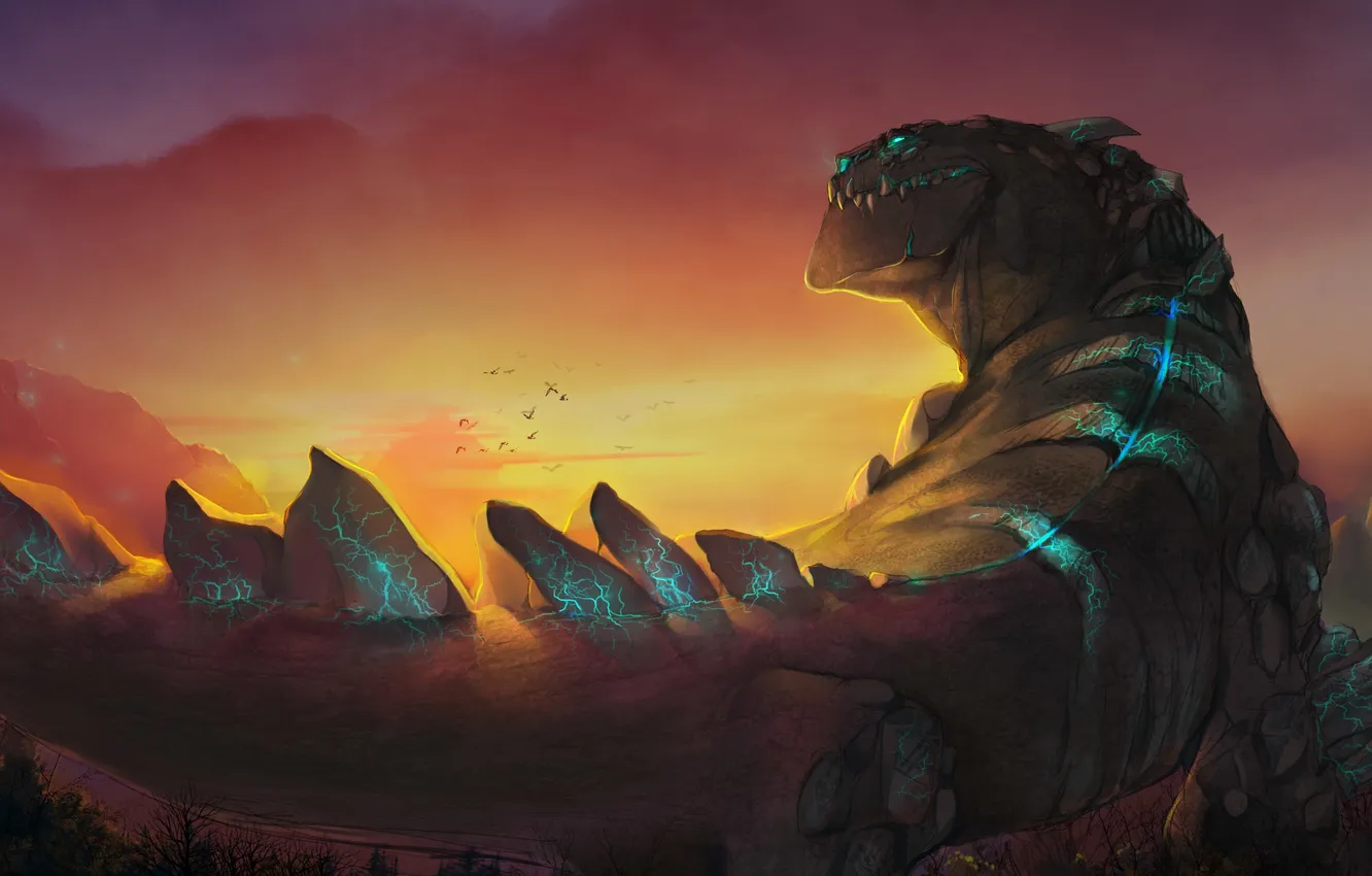 Фото обои закат, горы, Godzilla, Mountain Monster