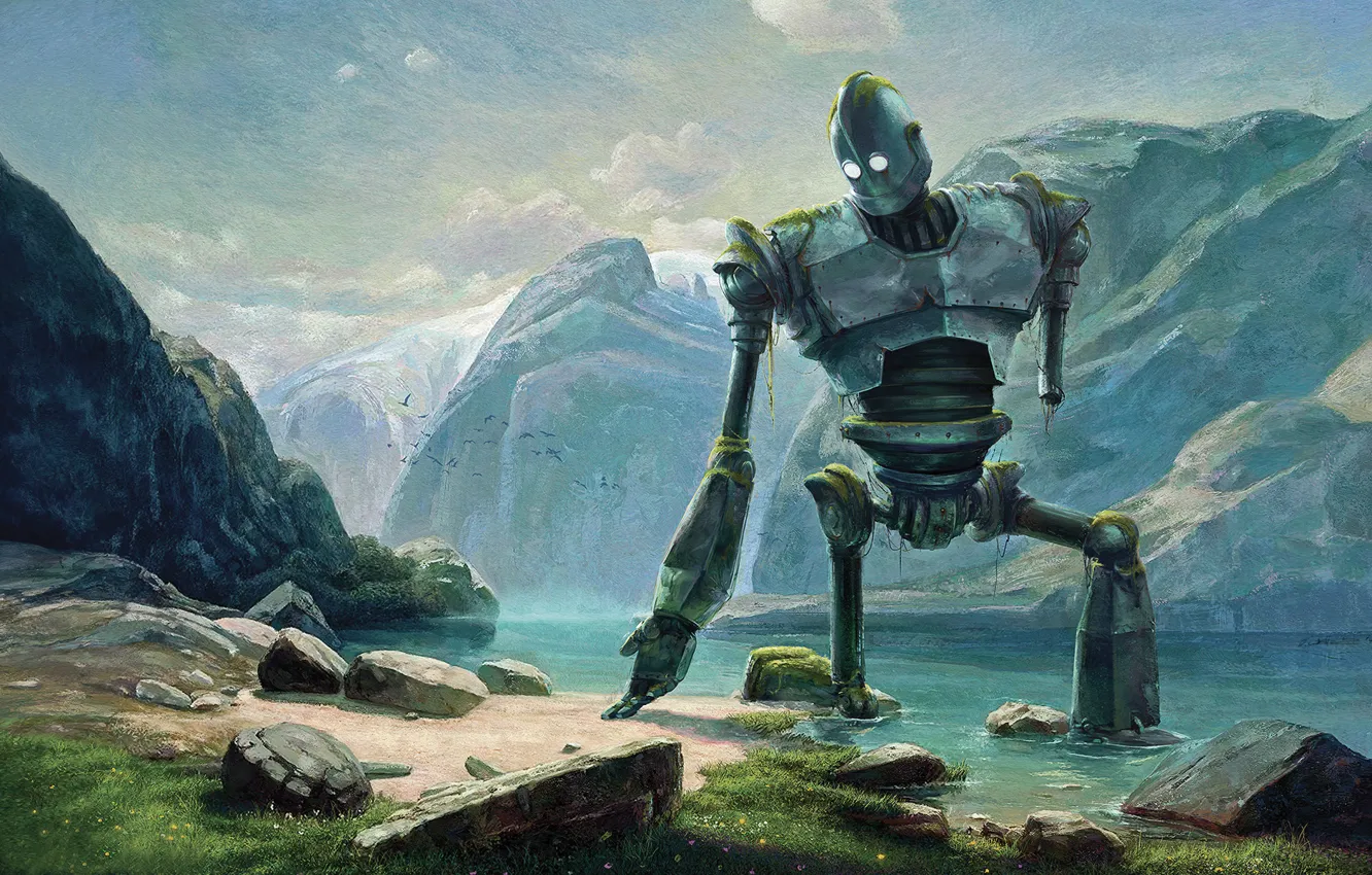 Фото обои горы, река, берег, робот, гигант, Стальной гигант, The Iron Giant
