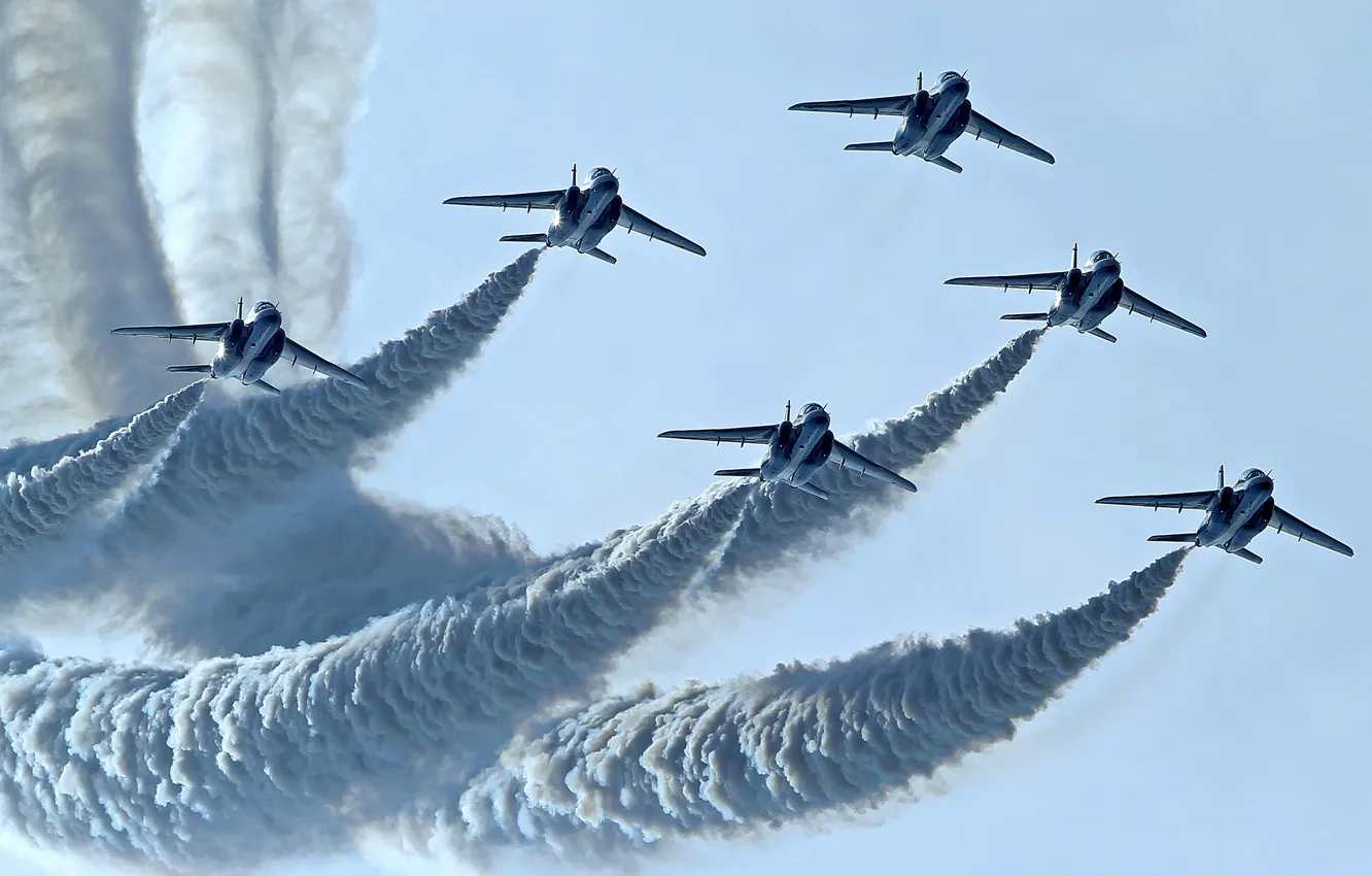 Фото обои группа, пилотажная, Blue Impulse, Kawasaki T-4