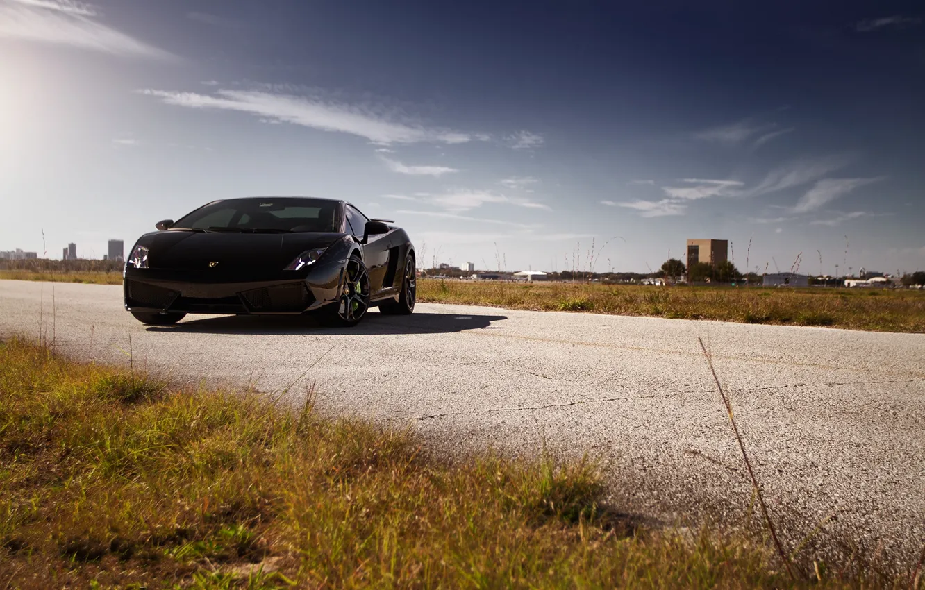 Фото обои дорога, трава, чёрный, gallardo, lamborghini, black, обочина, ламборгини