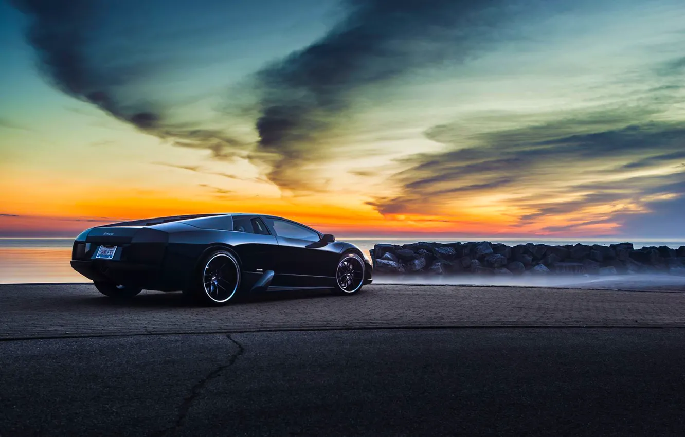 Фото обои Lamborghini, Black, Murcielago, Forged, V12, Sunrise, Rear, LP640-4