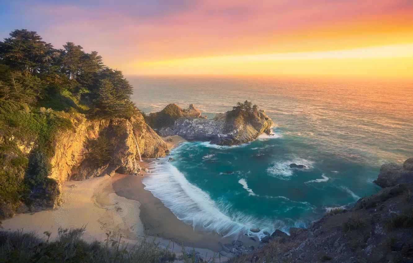 Фото обои океан, рассвет, побережье, утро, California, Big Sur, McWay Falls