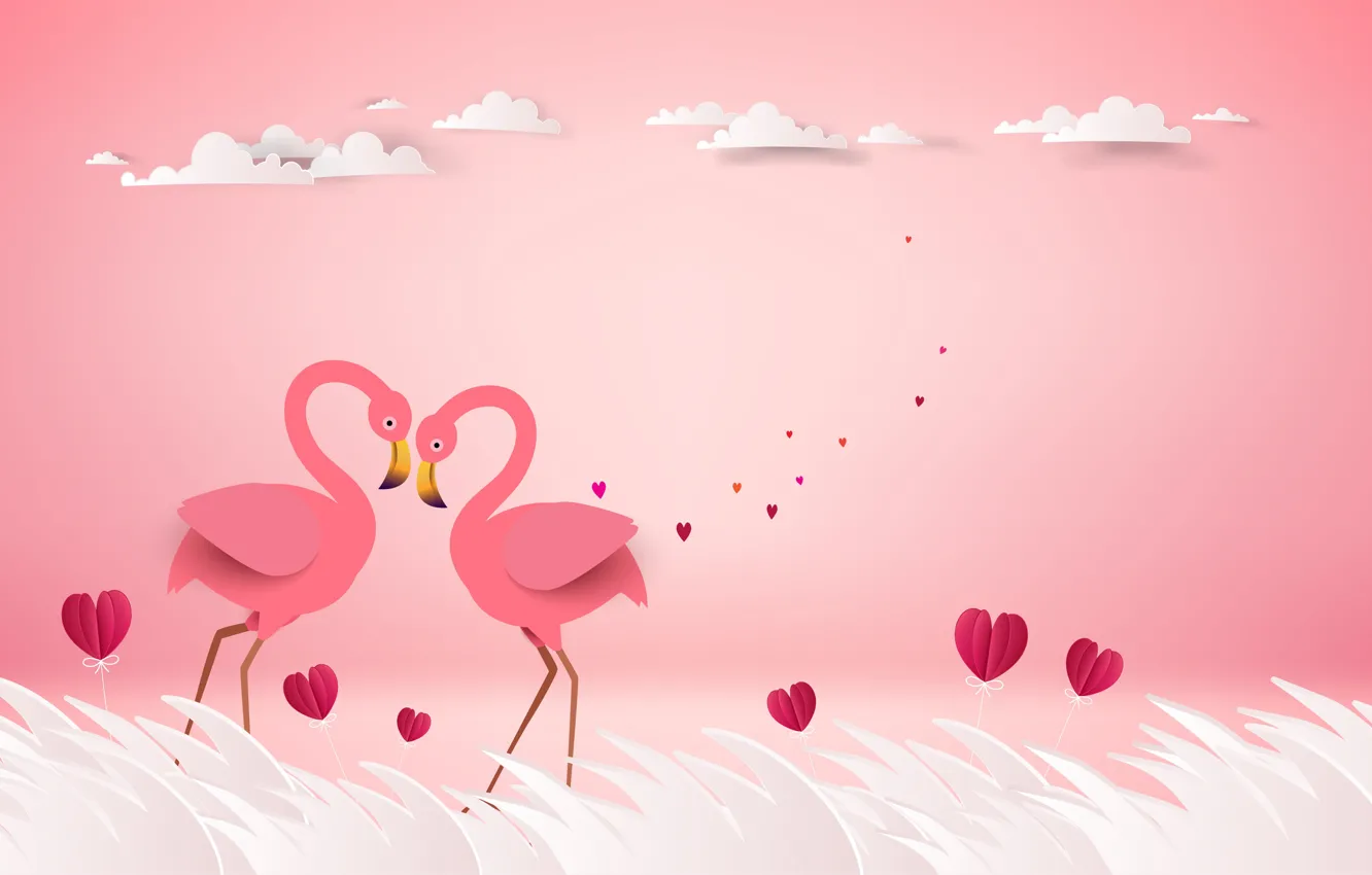 Фото обои любовь, птицы, рендеринг, пара, сердечки, розовый фон, фламинго