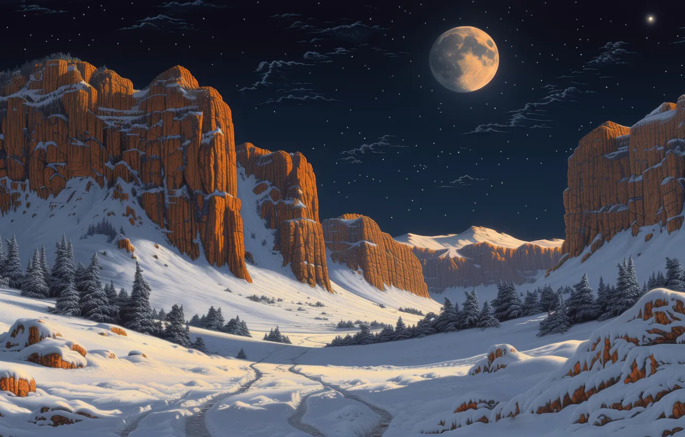 Фото обои Moon, trees, night, winter, mountains, snow, concept art, illustration