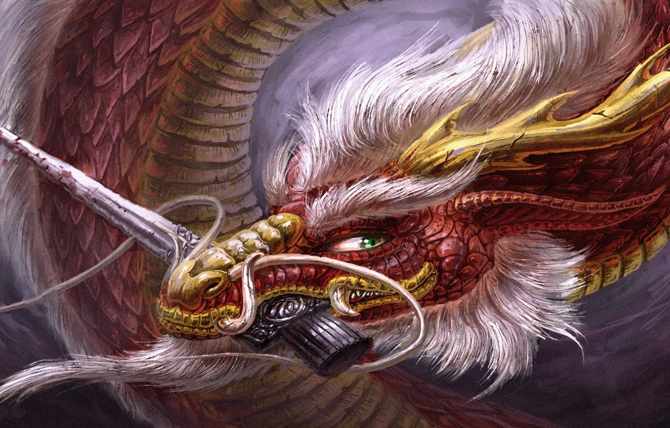 Фото обои взгляд, оружие, кровь, дракон, арт, рога