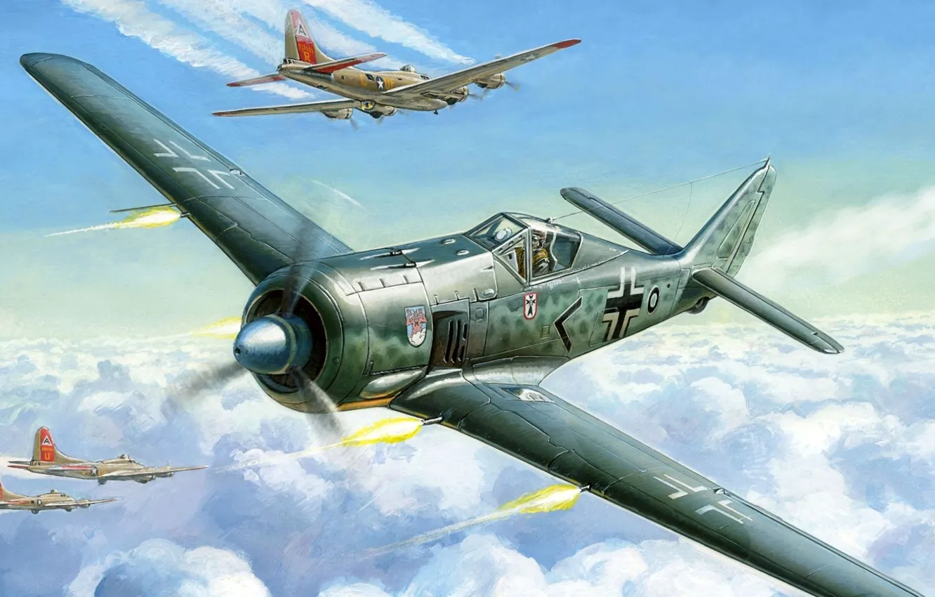 Фото обои небо, рисунок, истребитель, арт, бомбардировщики, самолёты, немецкий, Фокке-Вульф