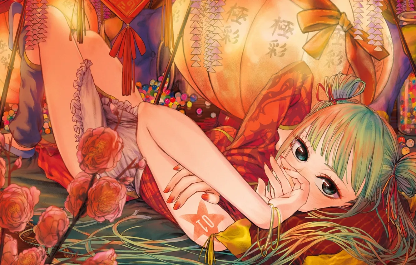 Фото обои девушка, цветы, руки, арт, vocaloid, hatsune miku, фонарики, лежа