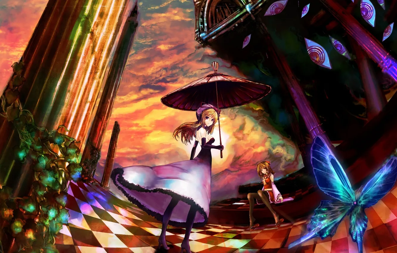 Фото обои глаза, облака, девушки, бабочка, зонт, арт, колонны, touhou