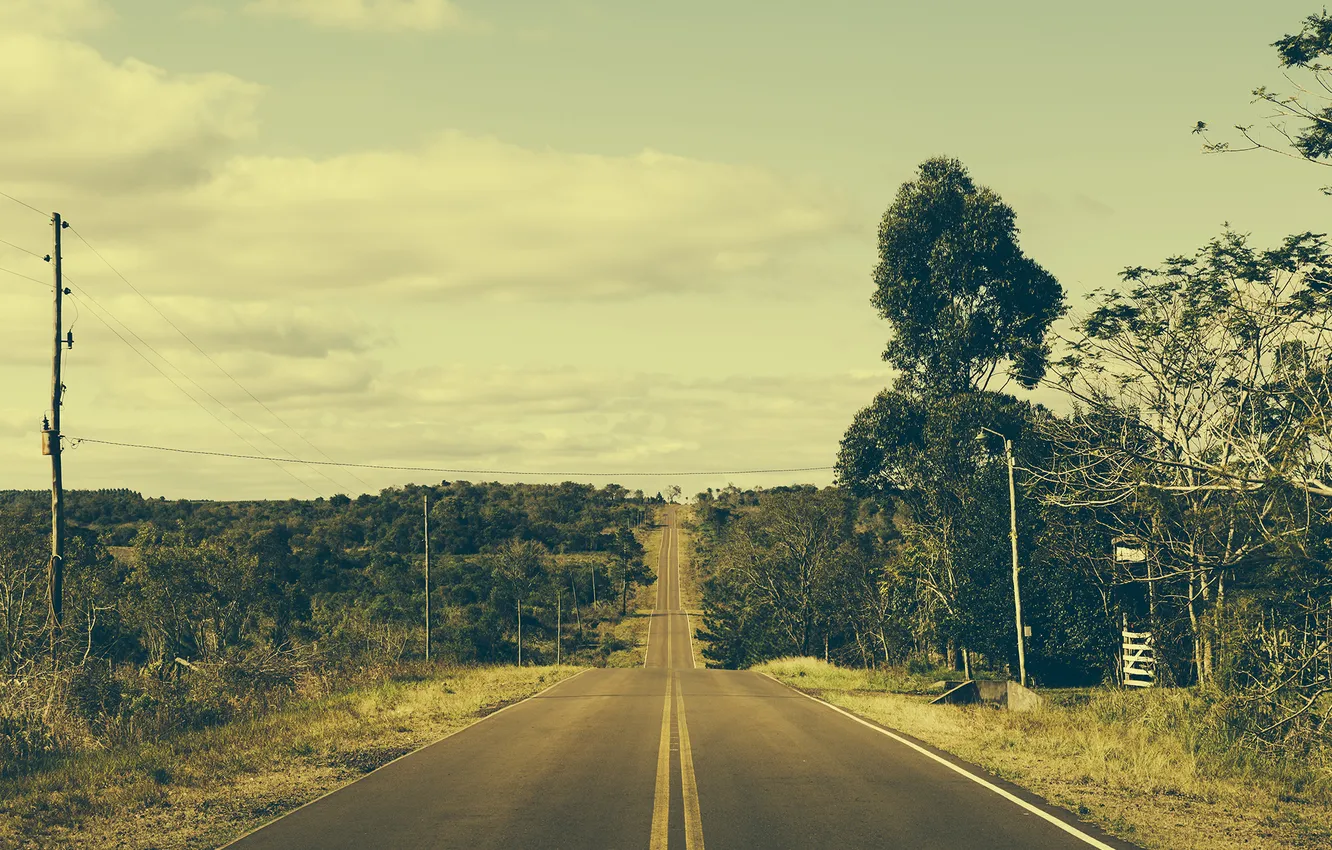 Фото обои дорога, небо, облака, деревья, горизонт, Бразилия, линия электропередач, фермы