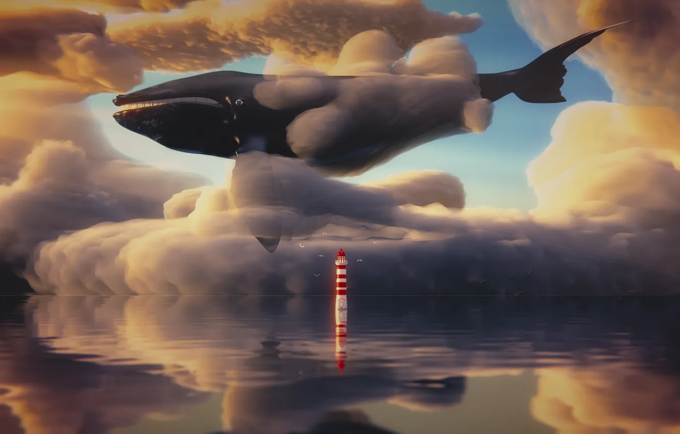 Фото обои море, небо, маяк, фэнтези, кит, 3D-графика, by IkyuValiantValentine, Valiant Valentine