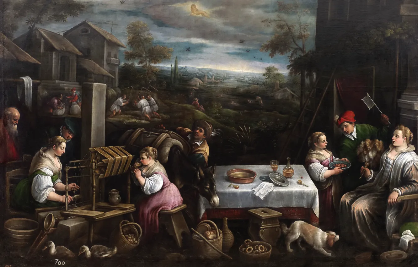 Фото обои стол, люди, картина, двор, быт, Июнь, жанровая, Франческо Бассано