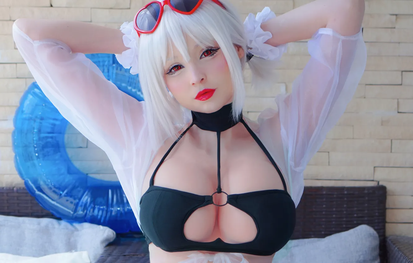 Фото обои girl, sexy, cleavage, boobs, beautiful, red eyes, short hair, pretty